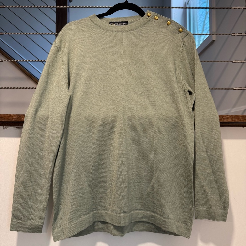 Burberry vintage Light Sage Crewneck Sweater with Gold Shoulder Buttons medium